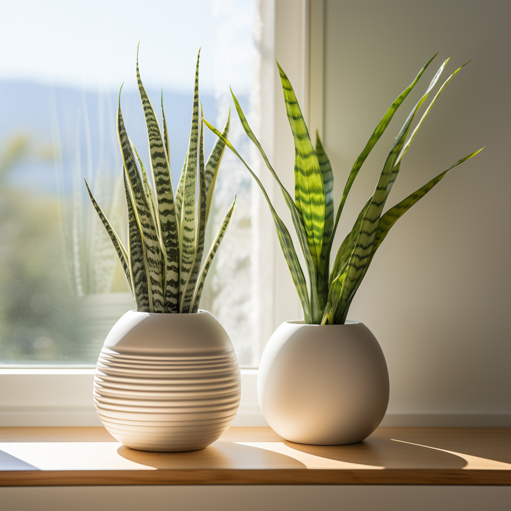 sansevieria planten in witte potten in de vensterbank